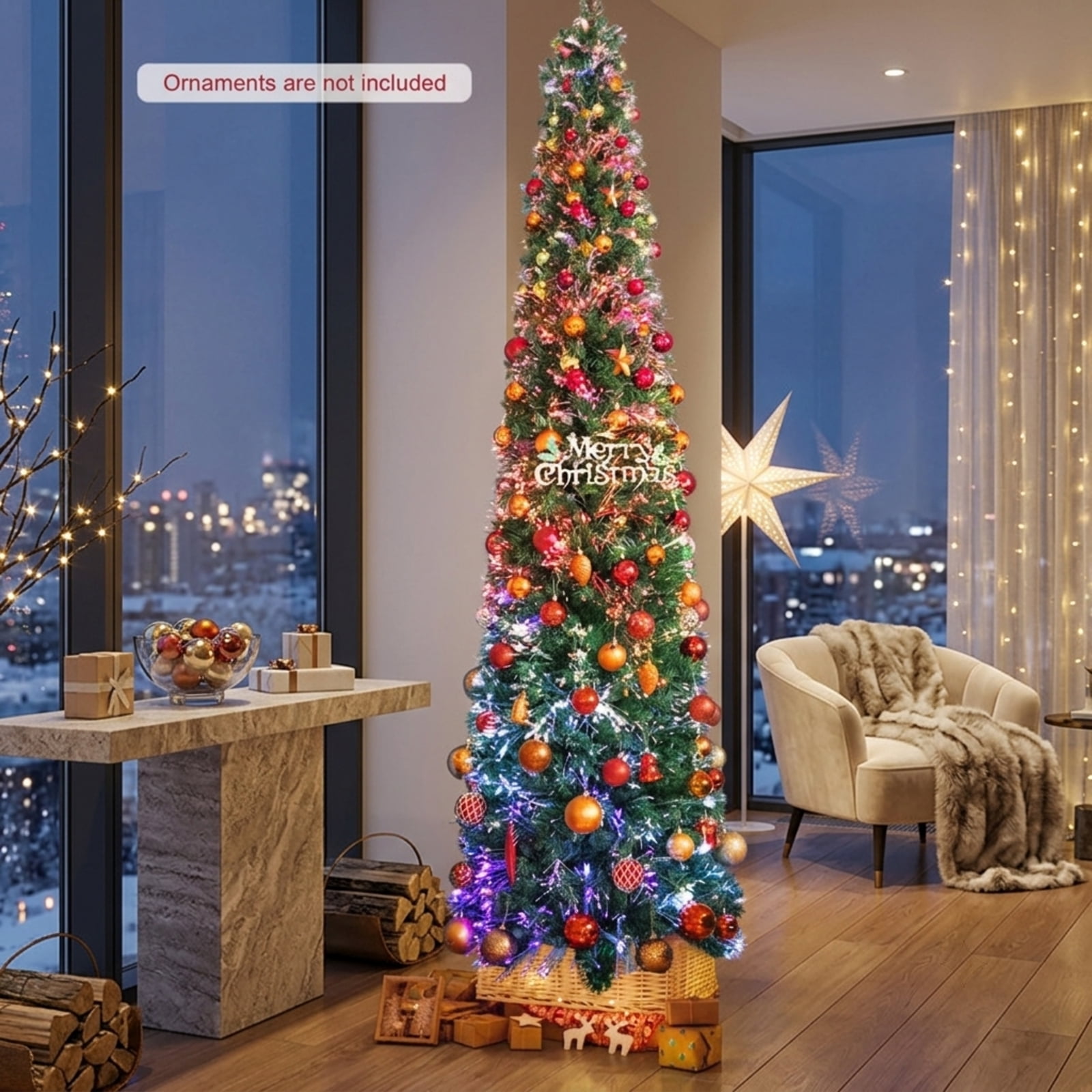 RUIE 8 ft Pre-Lit Pencil Christmas Tree, Slim Green Artificial Xmas Tree with Fiber Optic Lights and 889 Branch Tips for Corners