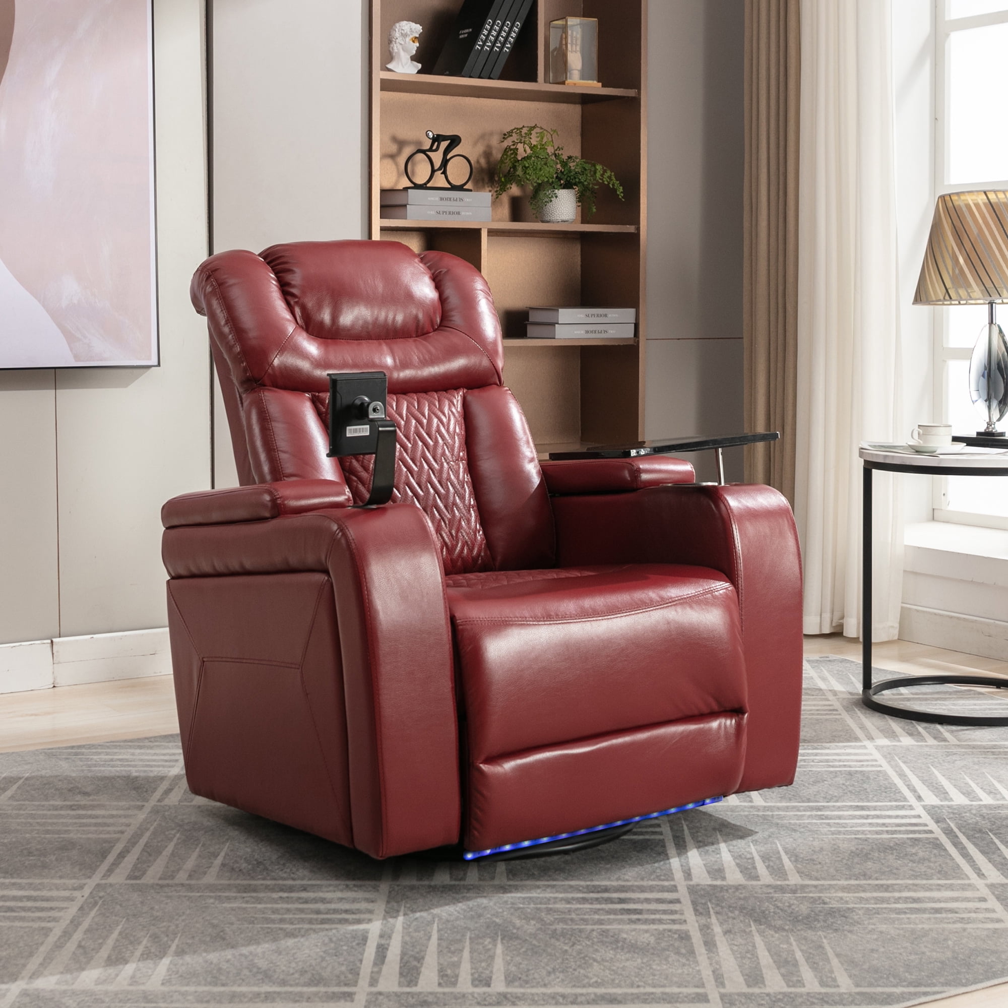Euroco 270 Degree Swivel PU Leather Power Recliner Individual Seat Home Theater Recliner with Tray Table, Phone Holder, Cup Holder, USB Port, Hidden Arm Storage for Living Room, Red