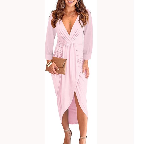 Gspmoly Women Dress, Women'S and Winter Solid V-Neck Pleated Bag Hip Split-Sleeve Mid-Calf Dress Wedding Dresses for Women up to 60% Off