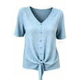 thumbnail image 6 of Craaazy Womens Summer Tops Short Sleeve Solid Color V Neck Button Front Tie Knot Cotton Linen Blouses for Casual Wear, 6 of 7