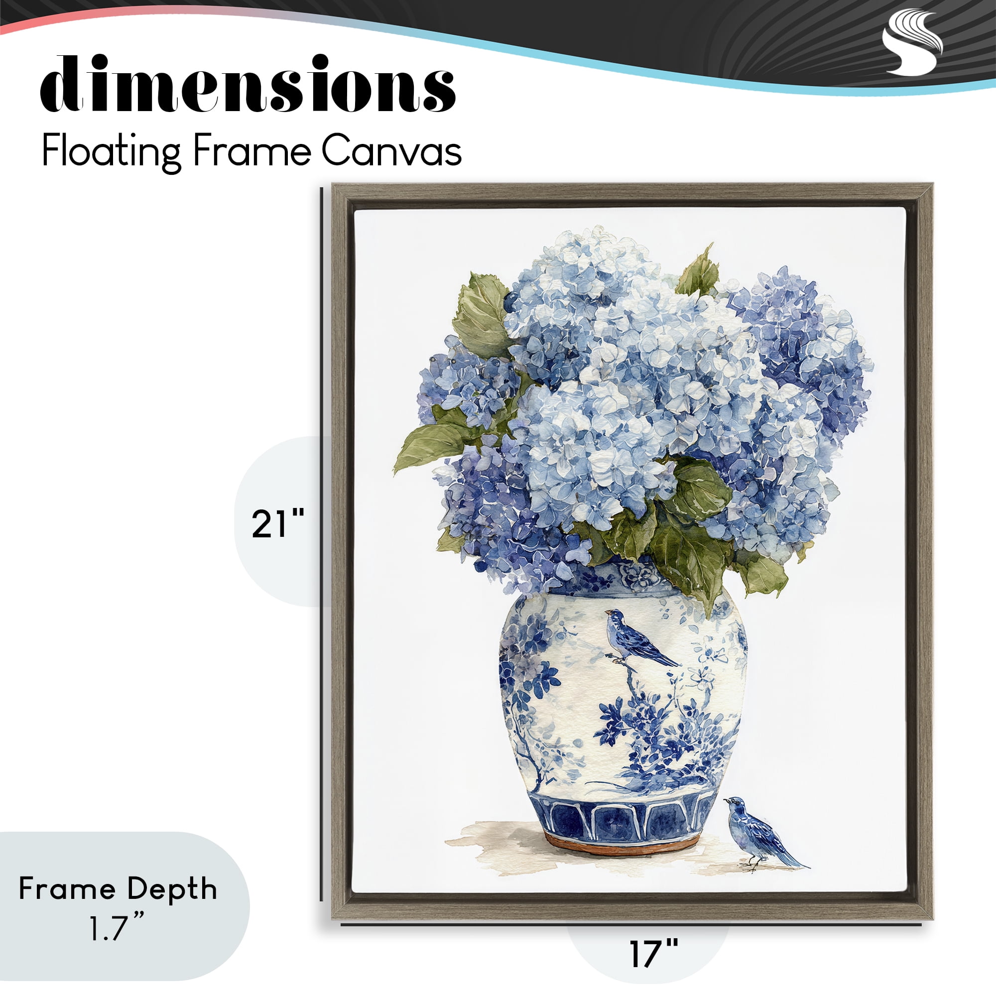 Stupell Industries Blue Bird & Hydrangea Vase Brown Framed Floater Canvas Wall Art, design by Imagine It Images