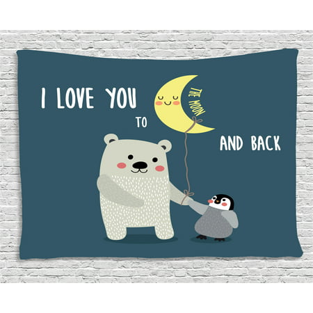 I Love You Tapestry, Teddy Bear and Penguin Best Friends Arctic Lovers under Moon Cartoon, Wall Hanging for Bedroom Living Room Dorm Decor, 80W X 60L Inches, Slate Blue Grey Yellow, by