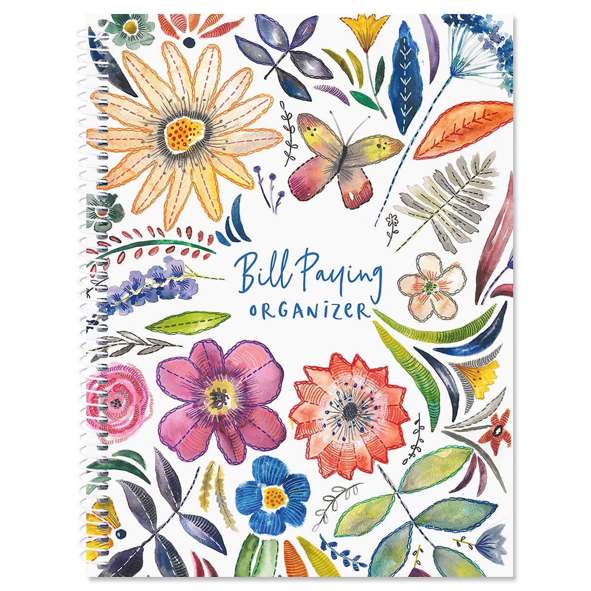 Embroidered Florals Bill Paying Organizer - Spiral account book, 9' by 12 inch, 14 Pockets, Receipt Storage
