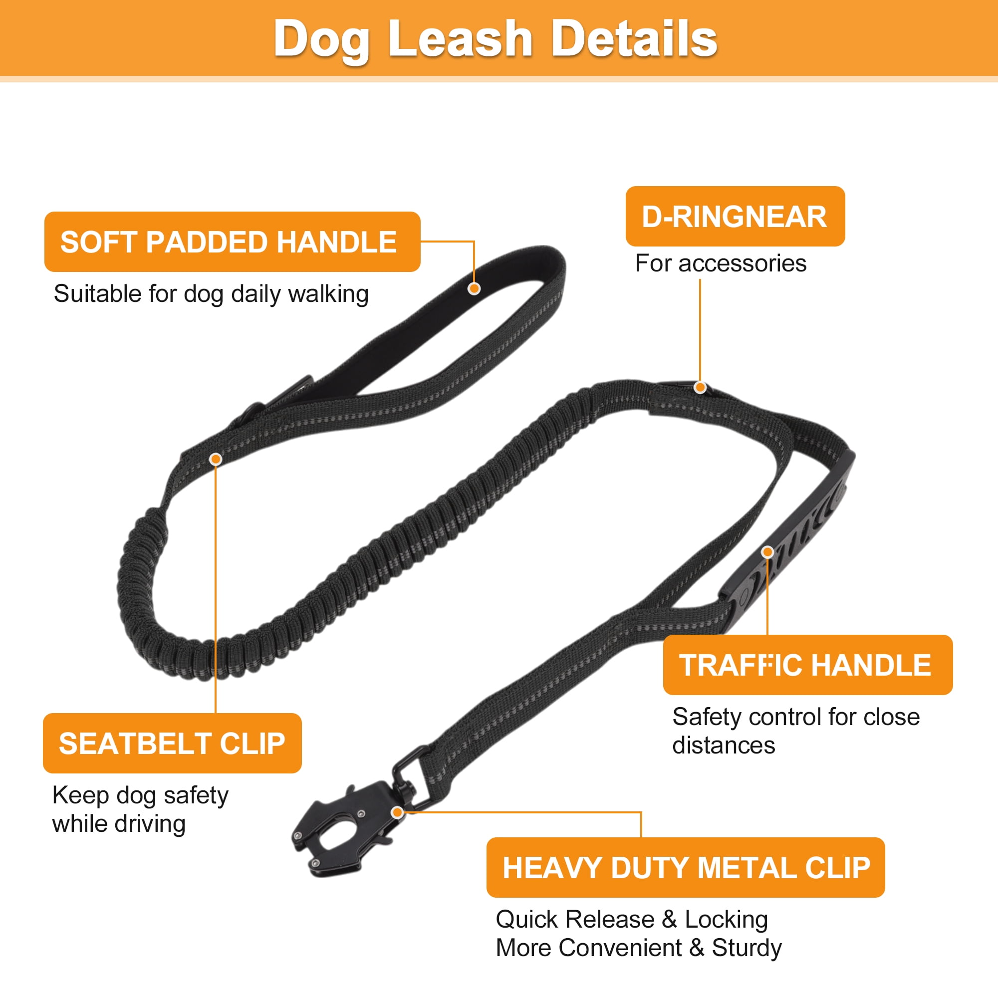 Unique Bargains Dog Leash Absorbing Padded Handle Heavy Duty Reflective Black