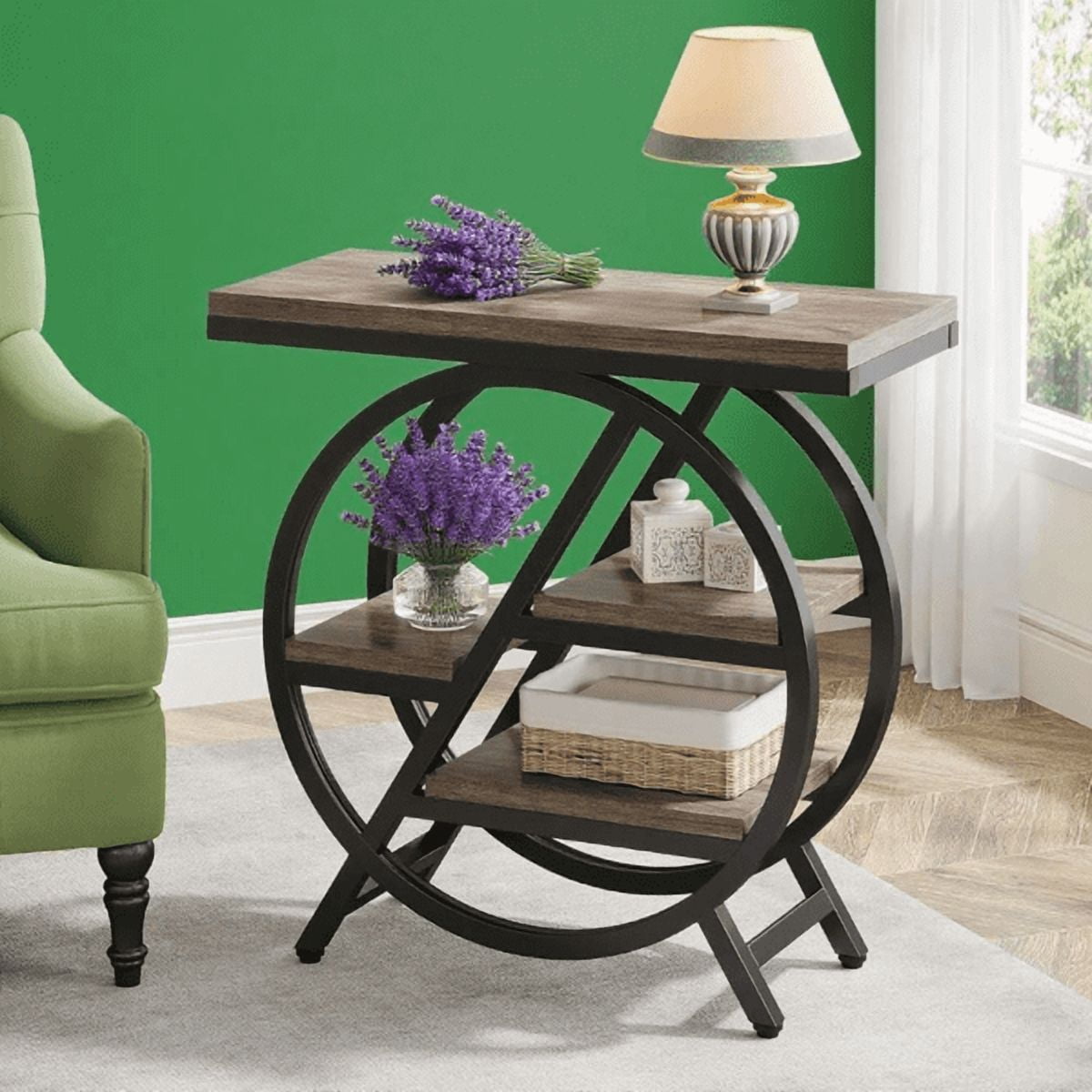 3-Tier Industrial End Table, Slim Side Table with Open Storage Shelves, Wood & Metal Frame for Living Room/Bedroom/Office