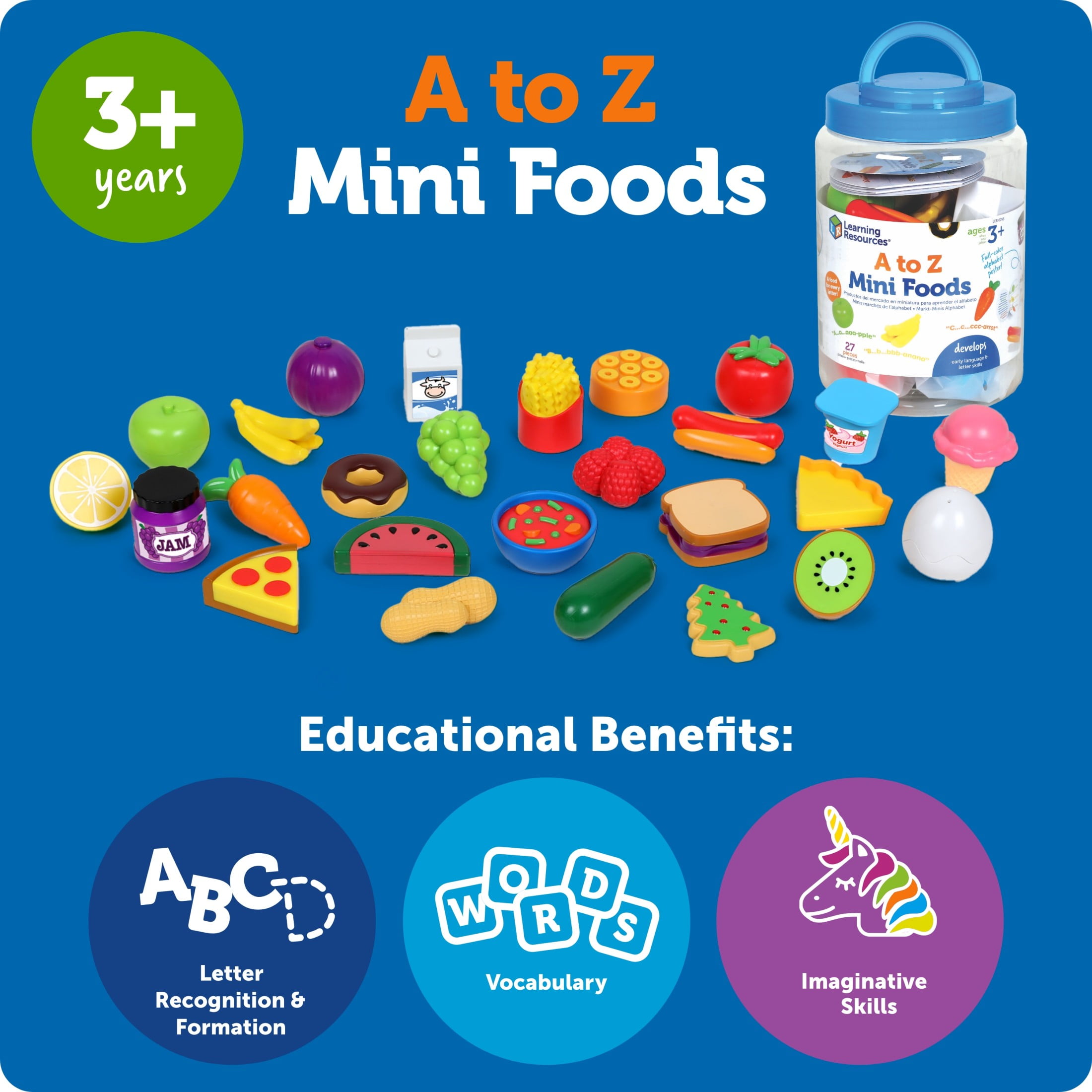 Learning Resources A to Z Mini Foods, Play Kitchen Play Food, Alphabet Learning Toy, Ages 3