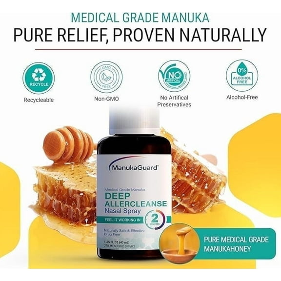 ManukaGuard Deep Allercleanse Nasal Spray with Medical-Grade Manuka Honey MGO 400 - for Sinus & Allergen Cleansing, 1.3 oz