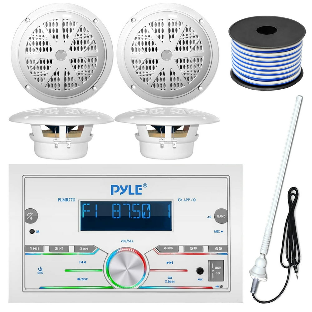 Pyle 1625' Bay Boat Double DIN Bluetooth Marine Stereo Receiver Bundle