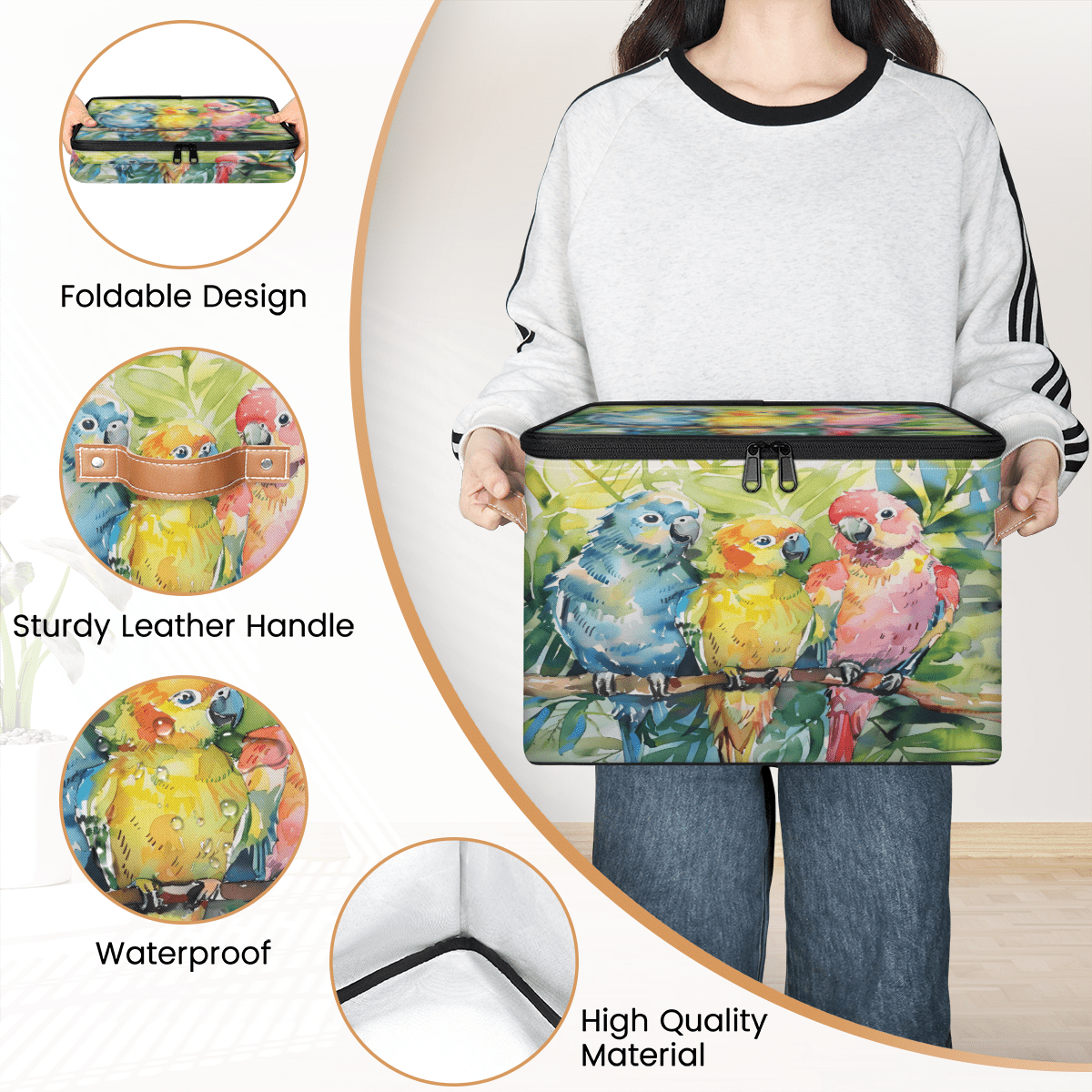 CURLYOOT Bird Fabric Storage Bins with Lids, Colorful Tropical Bird Parrot Foldable Storage Boxes Washable Storage Cube, Closet Bedroom Home Organizer Containers with PU Leather Handles