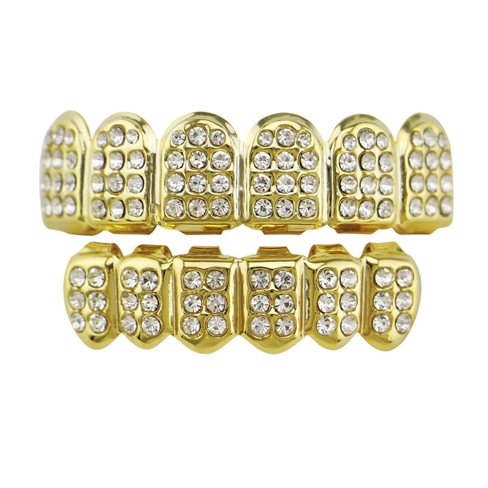 MeterMall Gold Plating Fashionable Teeth Grillz Set with Rhinestone