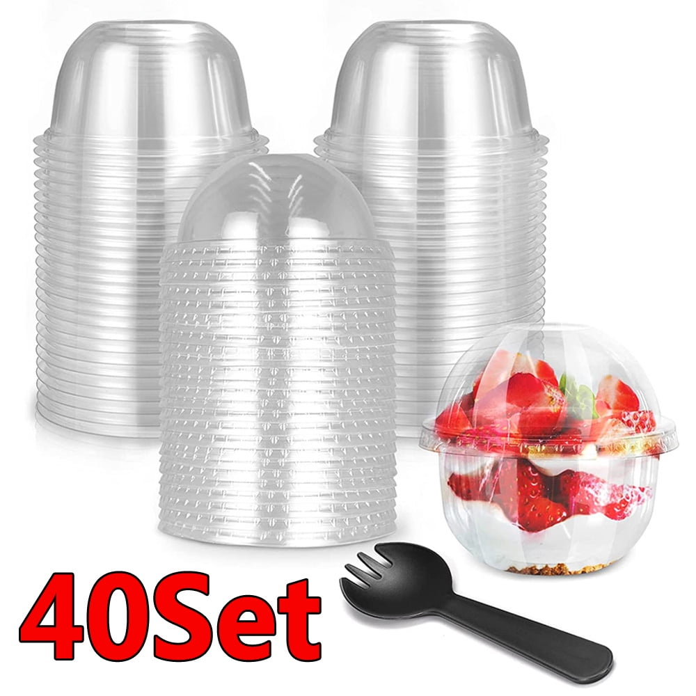 9oz Clear Plastic Dessert Cups with No Hole Dome Lids and Fork, Disposable Bowls for Ice Cream