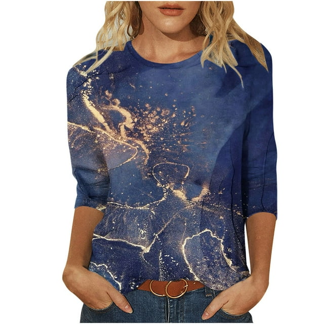 FAIWAD Femmes Bloc de Couleur 3/4 Chemises Col Rond Blouses Décontractées Élégantes Grande Taille Tunique de Sortie