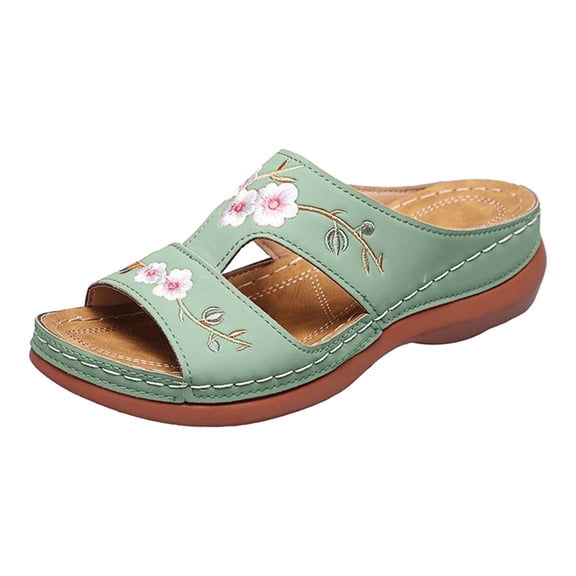 Yuanlong Womens Sandals Shoes Leather Sandals Footbed Dressy Floral Print Bohemian Beach Slide Sandals