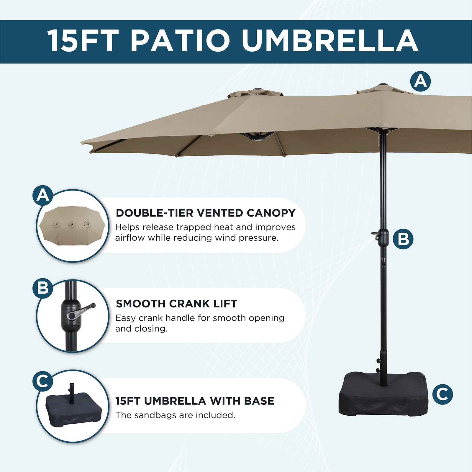 AE Outdoor 15FT Triple-Head Patio Umbrella with Base & Sandbags – Double-Tier Vented Canopy, Smooth Crank Lift, UV & Water Resistant Fabric – Perfect for Outdoor Dining, Poolside