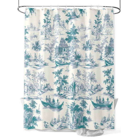 Fsddascl Green Garden Vintage Shower Curtain Set - Long 72" x 84" Washable Bathtub Curtain with 12 Hooks, Modern Art Building Boat Tree Waterproof Fabric Stall Shower Curtains for Bathroom/Bathtub