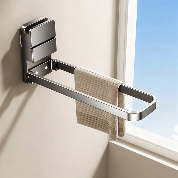 Btomtd Foldable Suction Cup Towel Rack, No-Drill Bathroom Storage Holder, Collapsible Towel Bar and Shelf for Shower and Vanity 9"W x 2"D x 2"H, Gray
