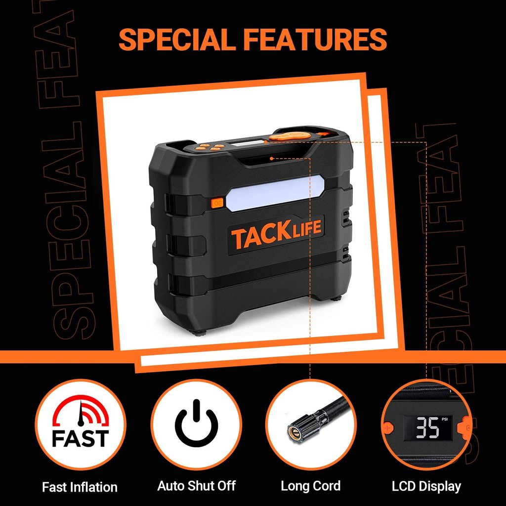 TACKLIFE Car Tire Inflator 12V DC Portable Air Compressor with 3 LED Lights | Orange A6 - image 4 of 6