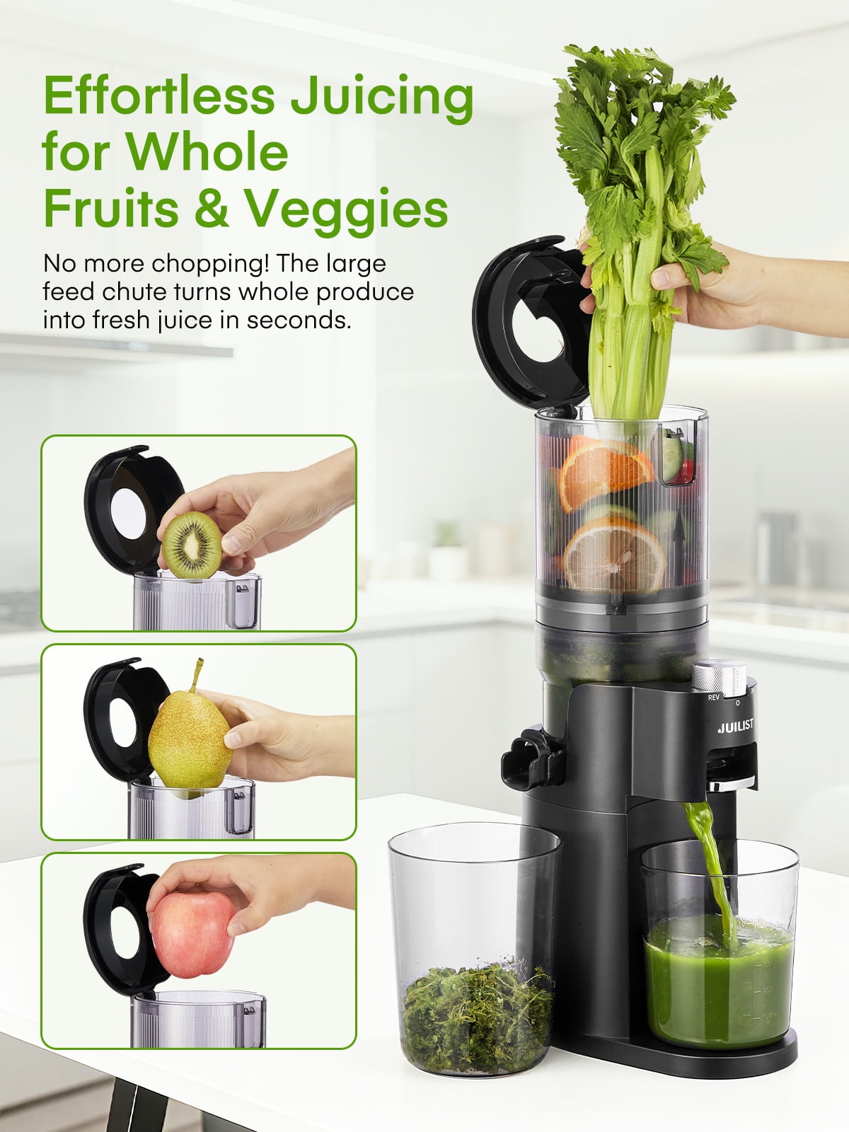 Juilist Juicer Machine for Fruits and Vegetables, BPA-Free, High Juice Yield, 60 RPM, Easy to Clean, Includes Cleaning Brush, Black