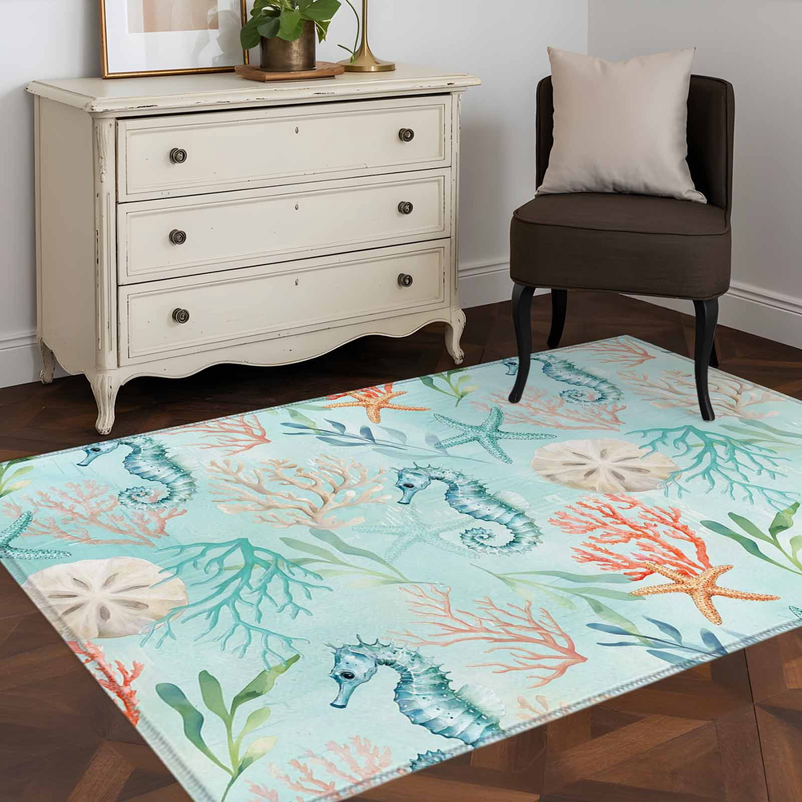 Area Rugs 2.7'x5', Teal Red Coastal Carpet for Living Room Bedroom Dining Room, Nautical Seahorse Beach Coral Starfish Throw Kitchen Rugs Non Slip Washable Rectangle Indoor Outdoor Rugs