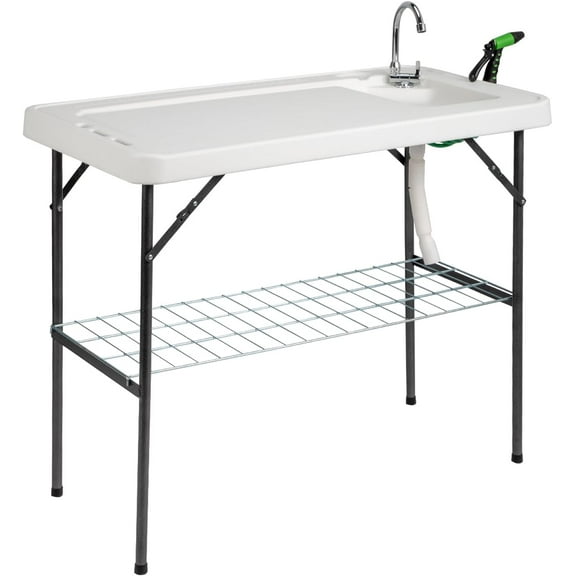 VINGLI Upgarded Folding Fish Cleaning Table with Sink, Portable Camping Sink Table with Grid Rack & Sprayer, Fish Fillet Cutting Table with Drainage Hose for Patio Backyard BBQ