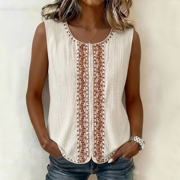 Karymi Blouses for Women Dressy Casual Boho Embroidery Crew Neck Sleeveless Tank Top, Lightweight Linen Blend Casual Summer Vest Blouses for Women