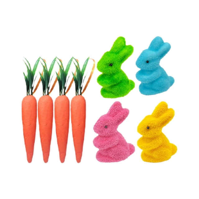 Adornos colgantes de zanahoria y conejo de Pascua - 4 zanahorias y 4 conejos con purpurina y cinta - Decoraciones de espuma para fiestas de Pascua y decoración del hogar
