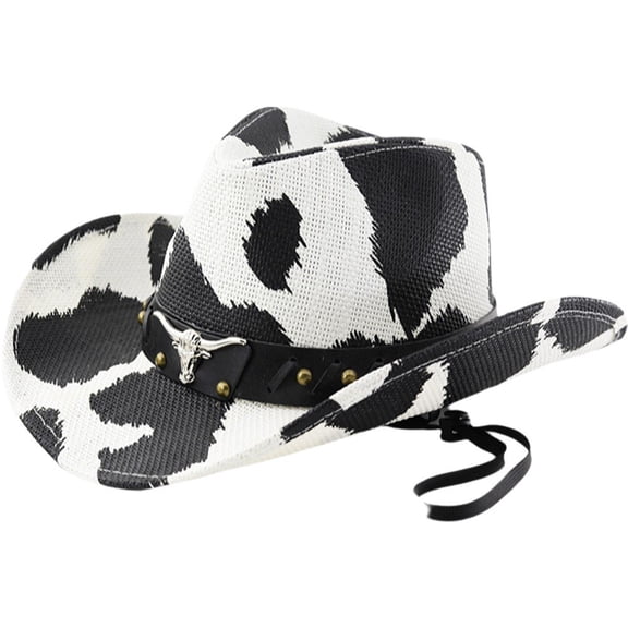 Jiibva Cow Print Cowboy Hat Western Straw Large Rolled Brims Sun for Halloween Party Accessories