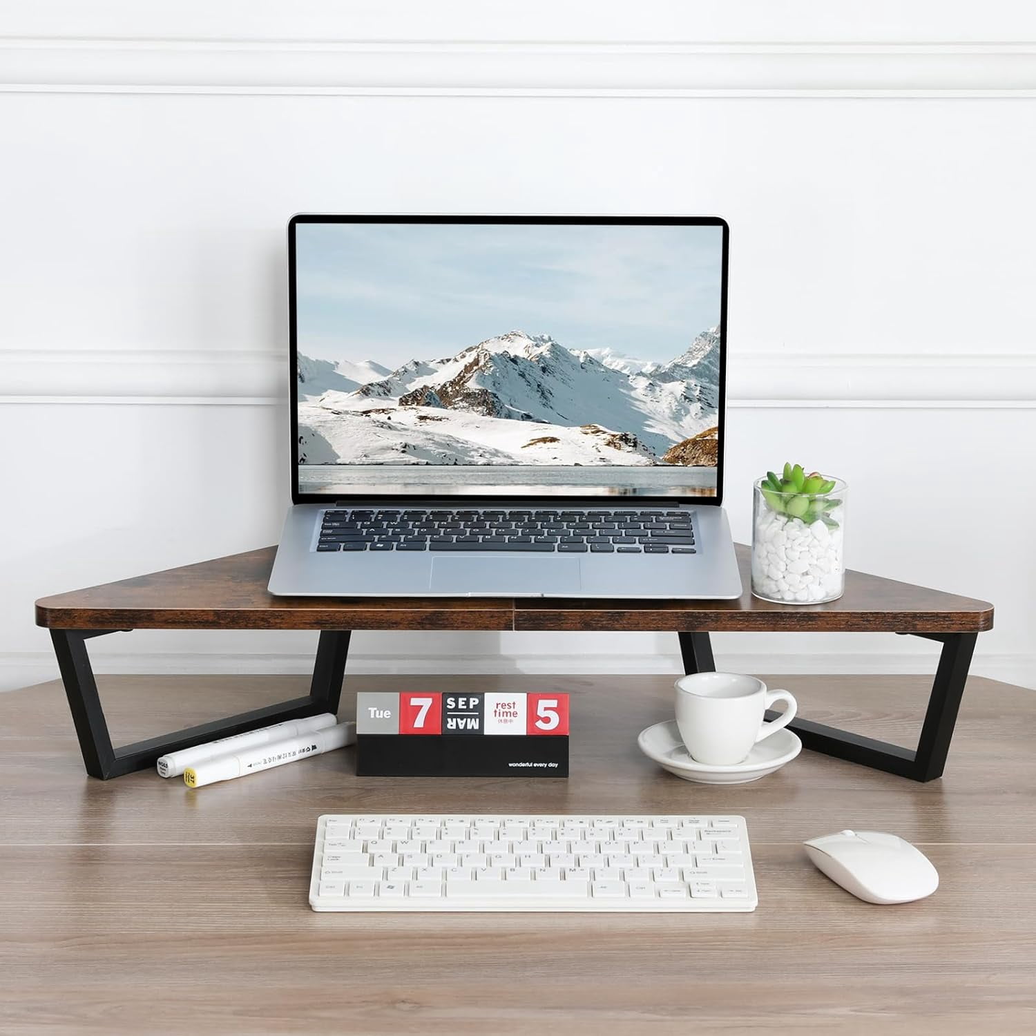 26 inch Triangle Monitor Stand Riser, Desktop Corner Shelf with Metal Leg Wood Computer Stand with Storage Laptop Riser Office Organization