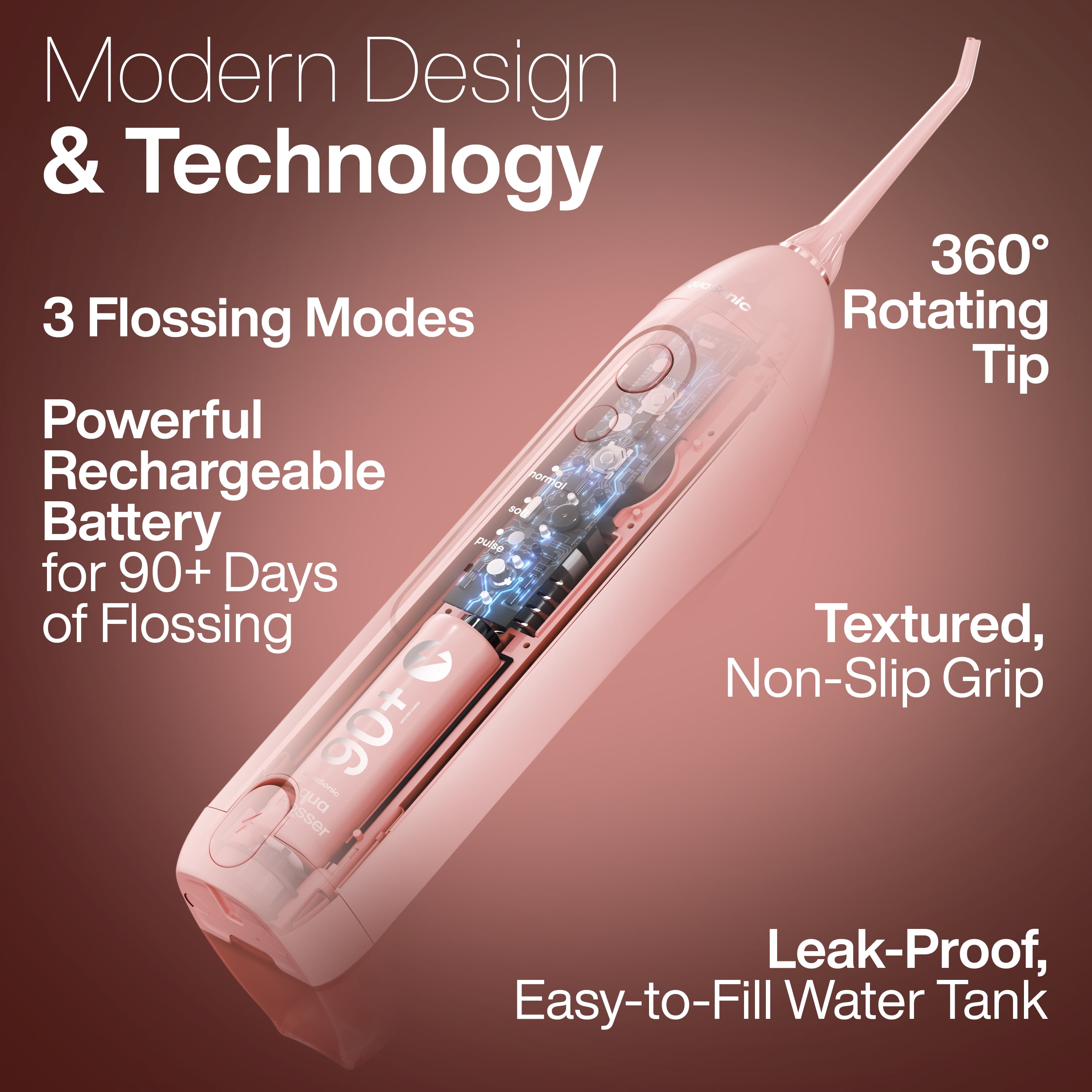 AquaSonic Icon Electric Water Flosser - 150ml Tank, Cordless Rechargeable, Waterproof, Portable Oral Irrigator - Light Pink