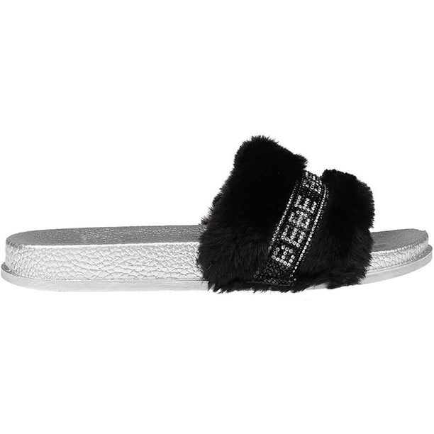 bebe Faux Fur Flat Slide Sandals, Silver (Little Girls') - Walmart.com