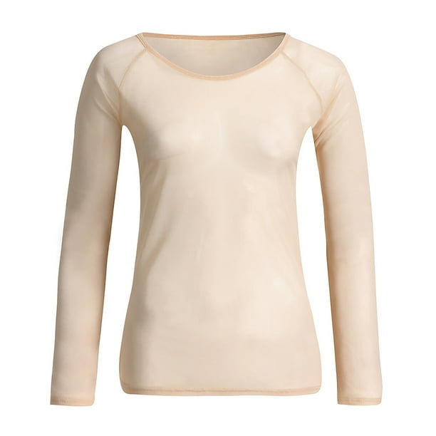 Mikilon Women See-Through Long Sleeve Seamless Arm Shaper Top Mesh Shirt  Blouse