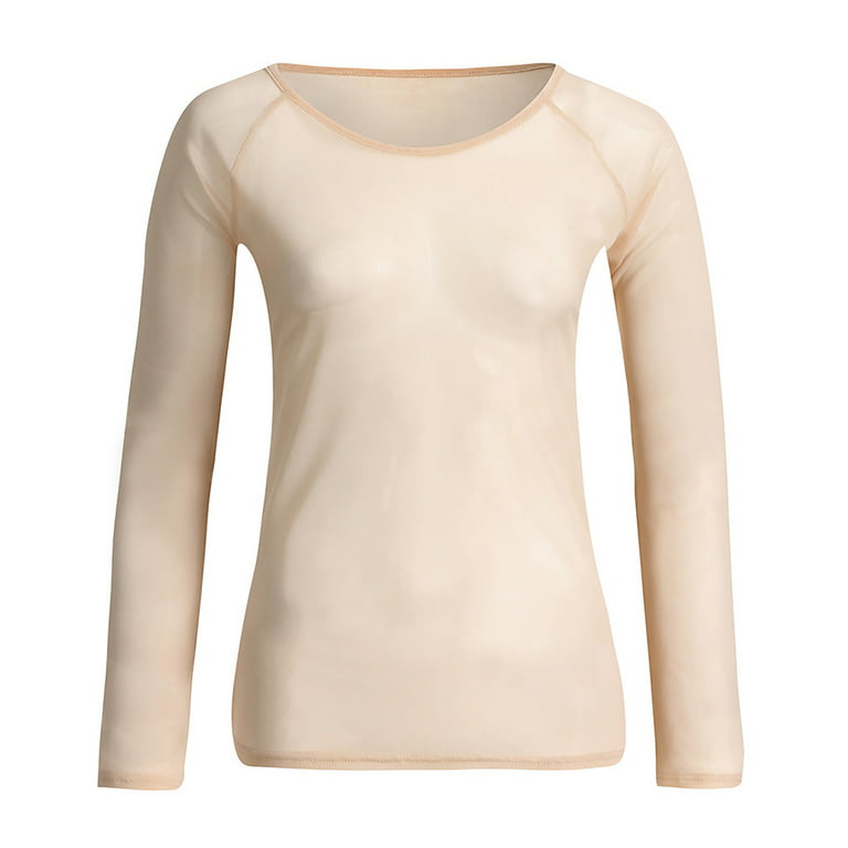 JWZUY Women's Long Sleeve See Through Mesh Sheer Top Blouse Shirt Khaki S