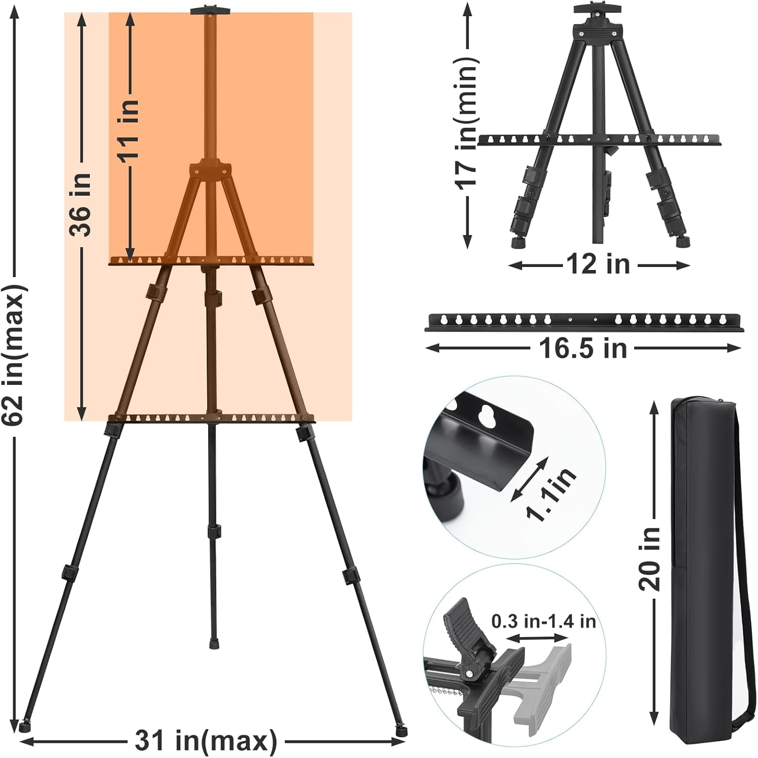 Easel Stand for Sign, Adjuastable Travel Art Canvas Holder with Portable Bag, Metal Tripod Poster Height from 17 to 66 inches, Black