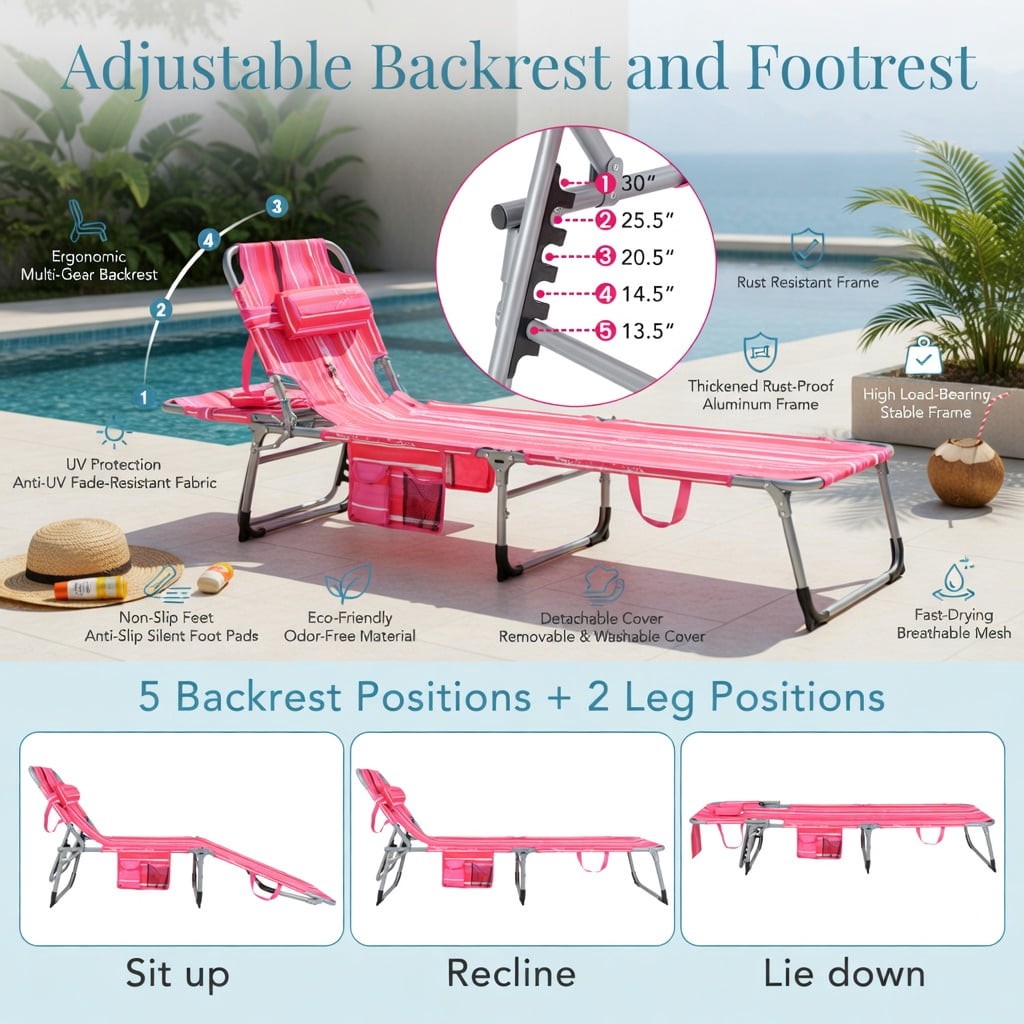Hommoo Premium Foldable Beach Lounge Chair with Removable Pillow, Adjustable Reclining Outdoor Lounger for Beach, Pool & Patio, Pink