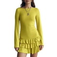 thumbnail image 3 of Women'S Long Sleeve Mini Dress Boat Neck Ruffle Bodycon Mini Flowy Cocktail Party Dresses Mustard Yellow XXL, 3 of 9