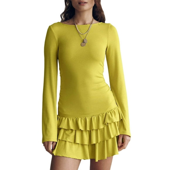 Women'S Long Sleeve Mini Dress Boat Neck Ruffle Bodycon Mini Flowy Cocktail Party Dresses Mustard Yellow XL