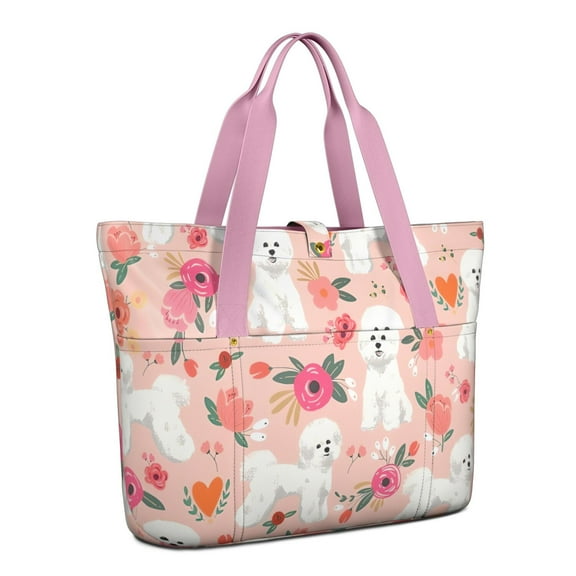 Tote Bag for Women - Pink Bichon Frise and Flower Shoulder Bag - Large Utility Work Duffle Bag with Zipper Handbag for Travel, Work, Sprots