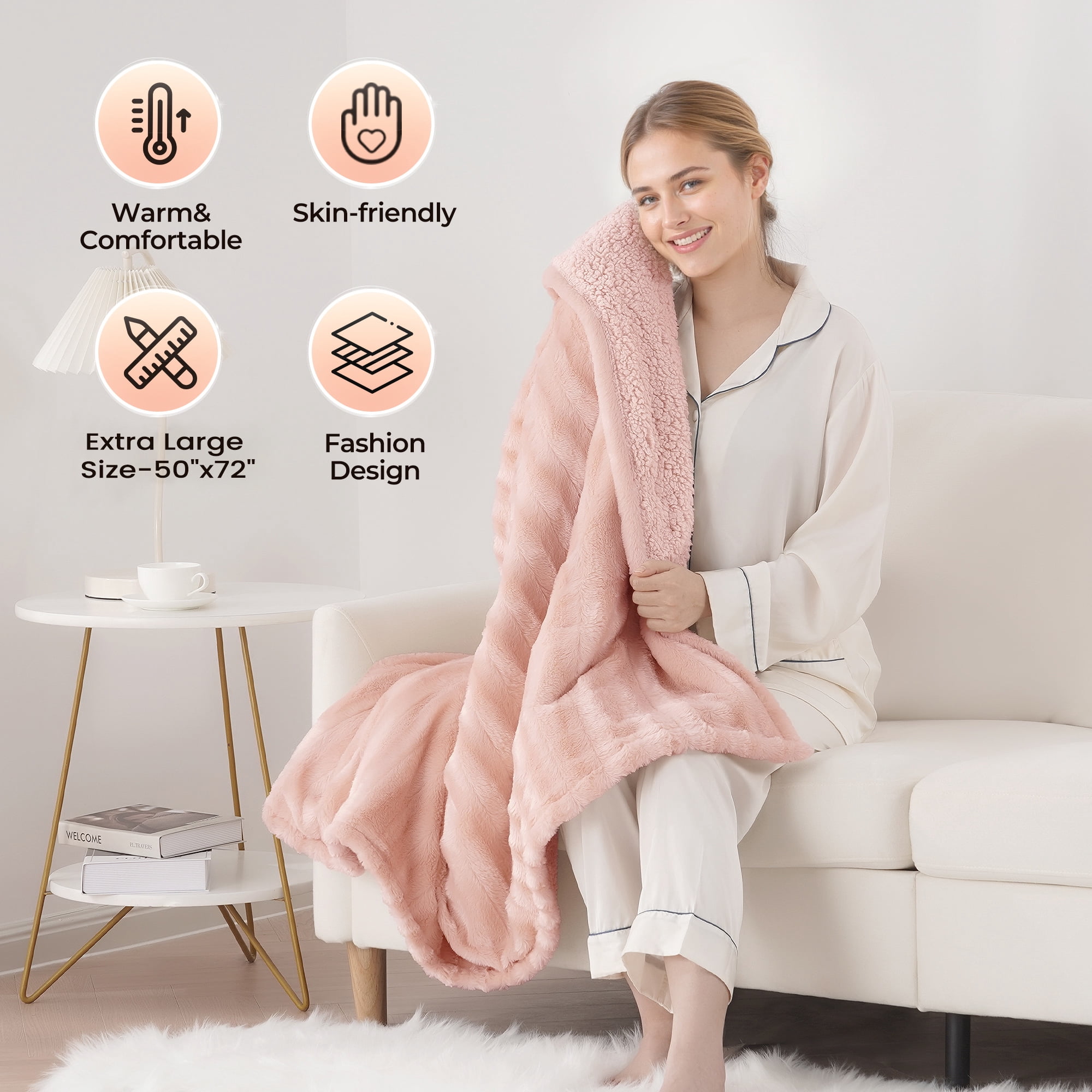 MARNUR Electric Throw Blanket Extra Large Size, 50"x72" Soft Faux Fur Heated Throw Blanket, 6 Heating Levels, 4 Hours Timer - Pink