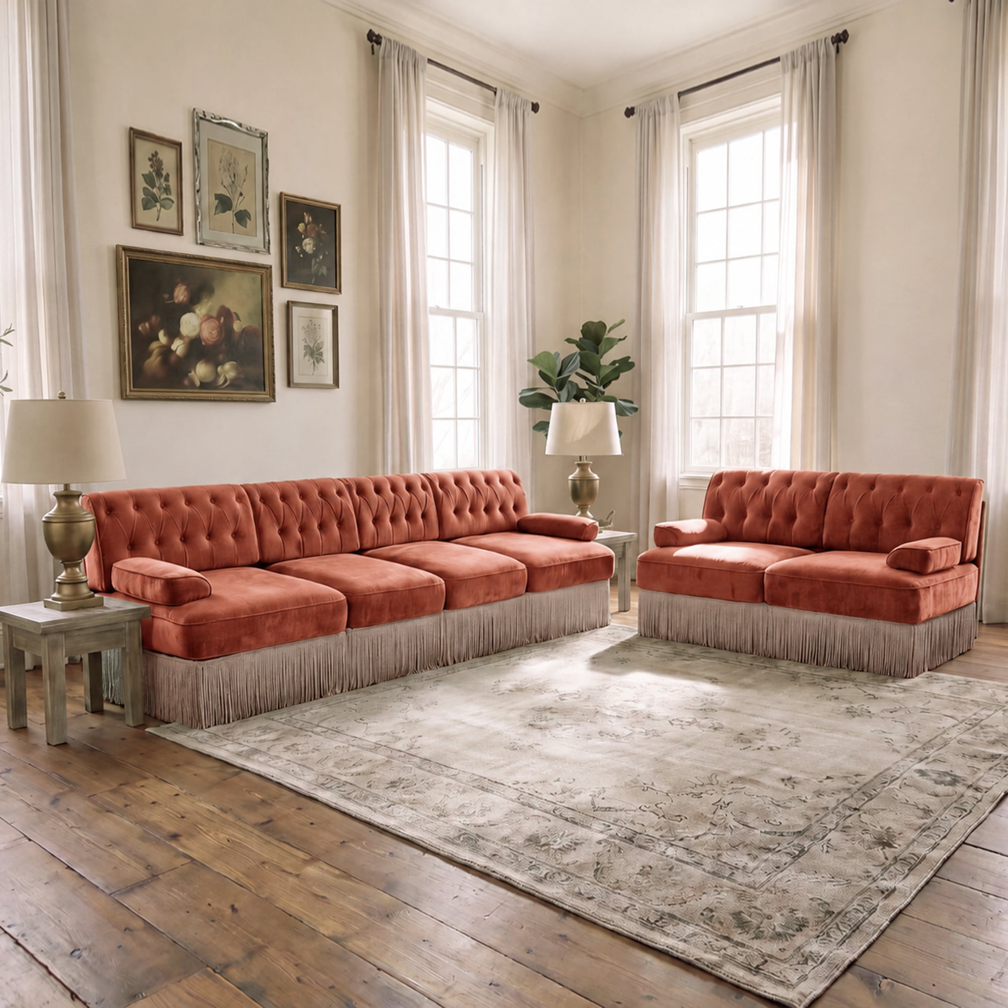 2‑Piece Sectional Sofa Set, 1 Pcs Loveseat & 1 Pcs 135" 4‑Seater Sofa Couch Set with Tassel Skirt