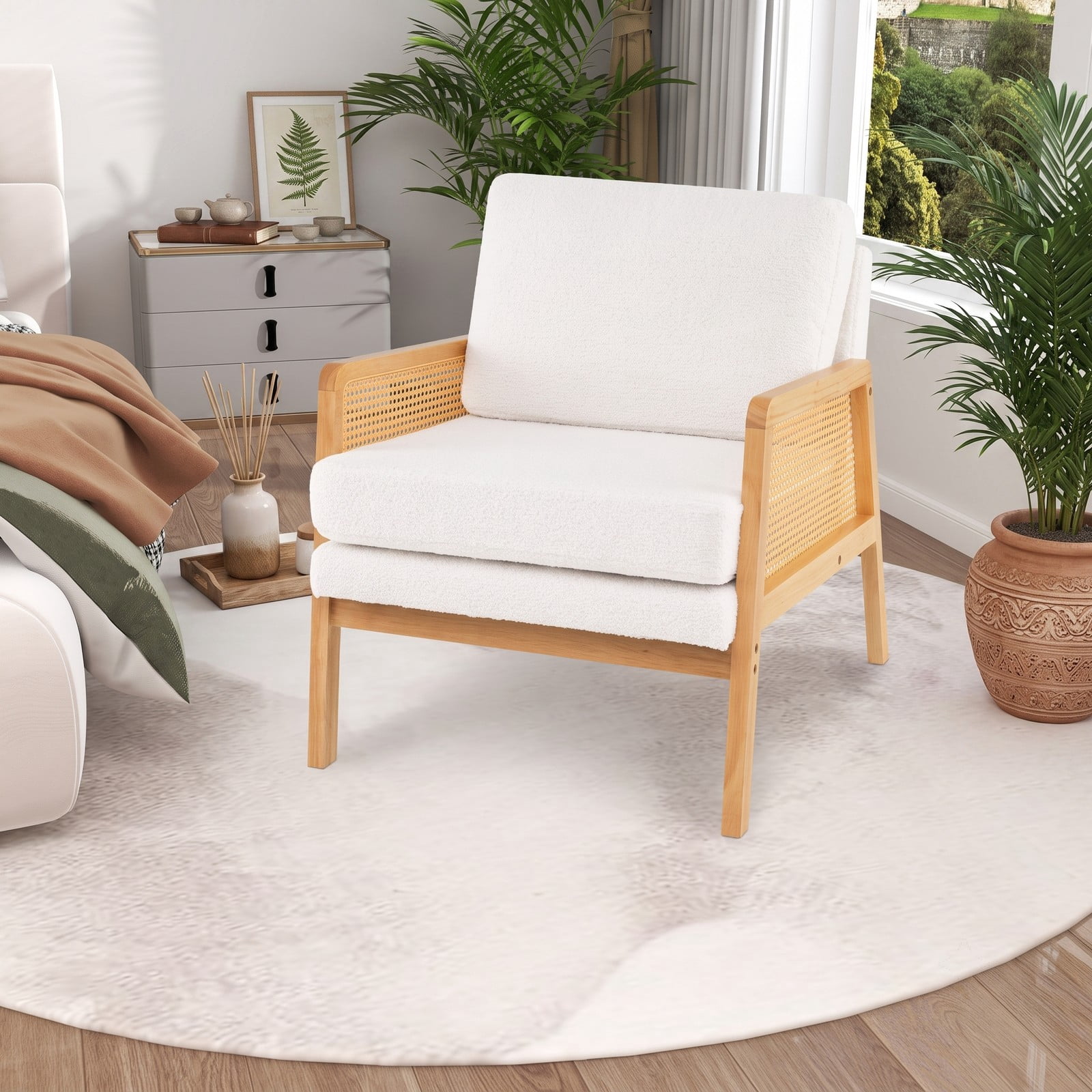 Furnibear Mid Century Modern Accent Chair with PE Rattan Arms, Sherpa Fabric Upholstered Armchair with Removable Cushion and Backrest Pillow for, Natural Brown & Beige