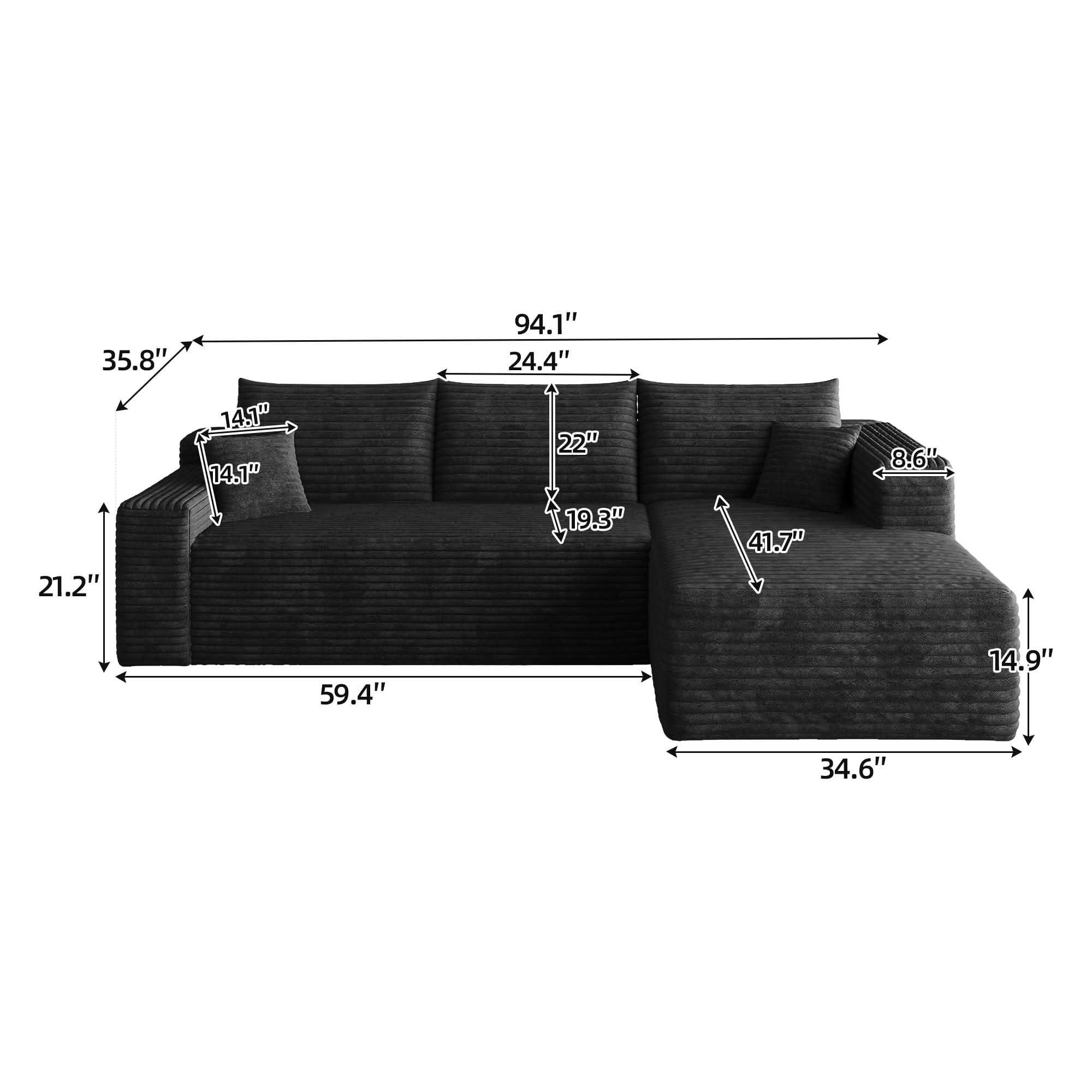 MAYEERTY 95 Inch L‑Shaped Cloud Sectional Sofa, Modern Minimalist Deep‑Seat Corner Couch with Plush Corduroy Fabric, No‑Assembly Reversible Chaise Lounge Sofa for Living Room Bedroom Apartment