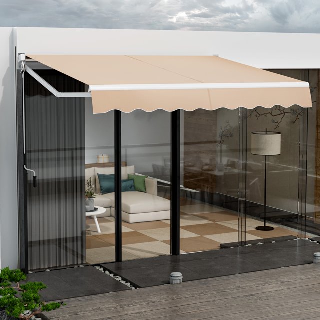 Patiojoy Auvent Rétractable avec Cadre en Aluminium Protection contre le Soleil/l'eau avec Revêtement PA Commande Manuelle Manivelle Conception à Angle Ajustable Beige
