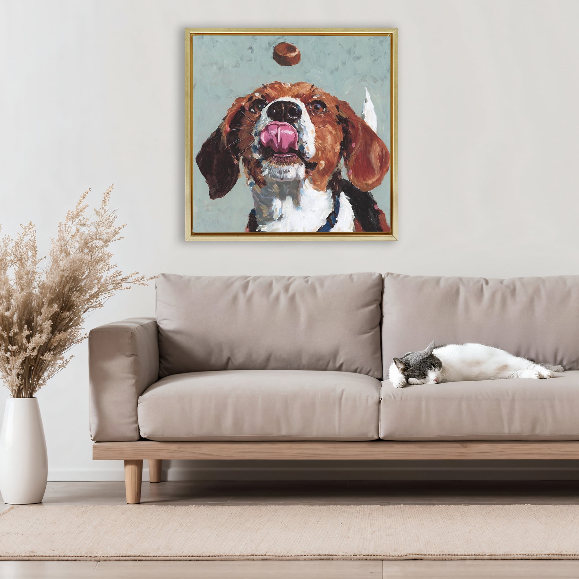 Stupell Industries Beagle Treat Excitement Gold Framed Floater Canvas Wall Art, design by Studio Bautista