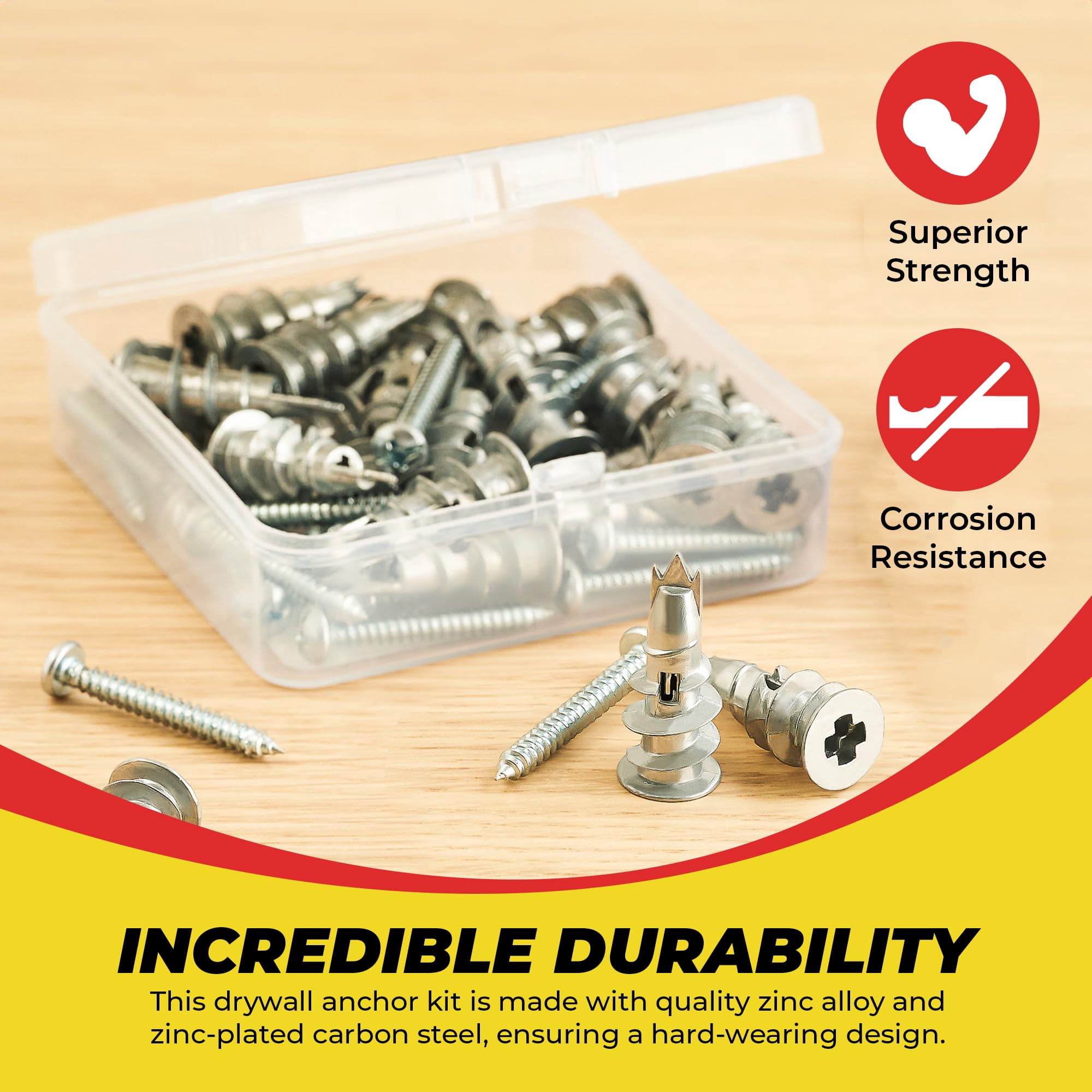Zinc Self Drilling Drywall Anchor Hollow Wall Anchor Kit with Screws - Metal Self Drilling Drywall Anchors with Wide Screw Fins - #8 Zinc Drywall Anchors Heavy Duty - 50 Pack - 75 Lbs