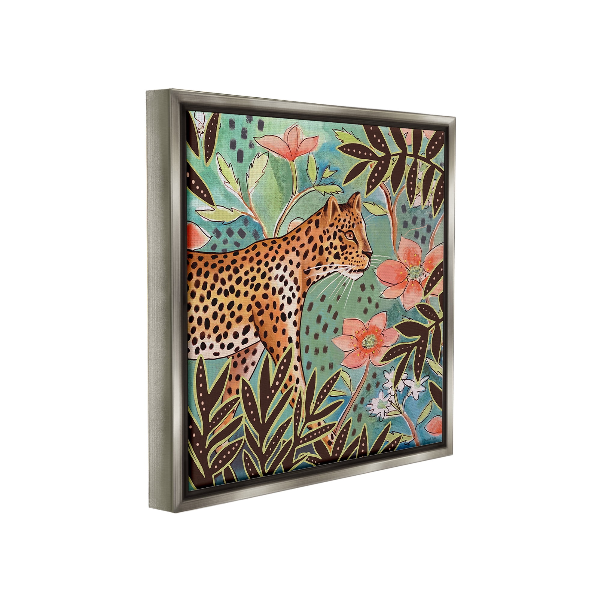 Stupell Industries Leopard & Jungle Florals Animals & Insects Painting Gray Floater Framed Canvas Art Print Wall Art, 25 x 25