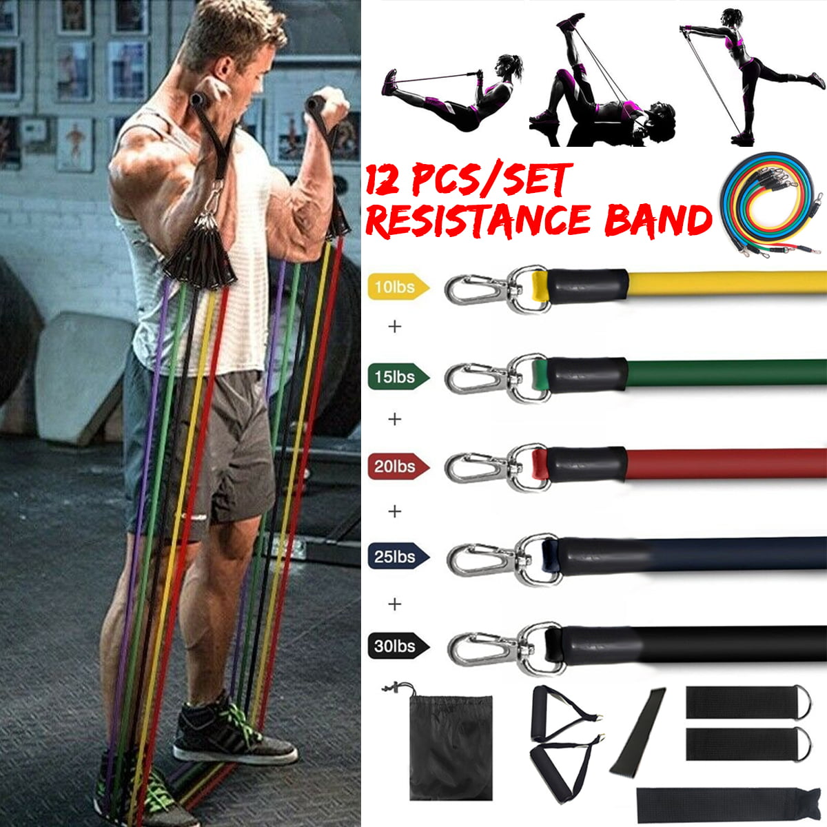 12PCS Resistance Band Training Exercise Fitness Tube Pull Rope Workout Bands US# 