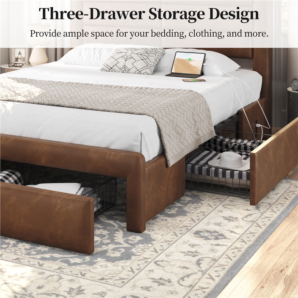 Yaheetech Upholstered Platform Bed Frame with Three Storage Drawers, Queen, Amber Brown