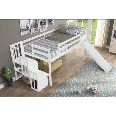 Loft Bed with Staircase  Storage  Slide  Twin Size  Full-Length Safety Guardrails  No Box Spring Needed  White