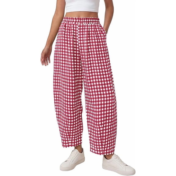 PRETTYGARDEN Plaid Barrel Pants Women Summer Casual Loose Wide Leg Lounge Gingham Trousers Spring Fashion Beach Bottoms
