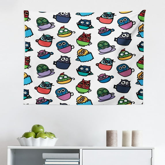 Owls Tapestry, Funny Owl in a Coffee Tea Espresso Mug Cup Morning Cafe Childish Cheerful Art, Fabric Wall Hanging Decor for Bedroom Living Room Dorm, 2 Sizes, Multicolor, by Ambesonne